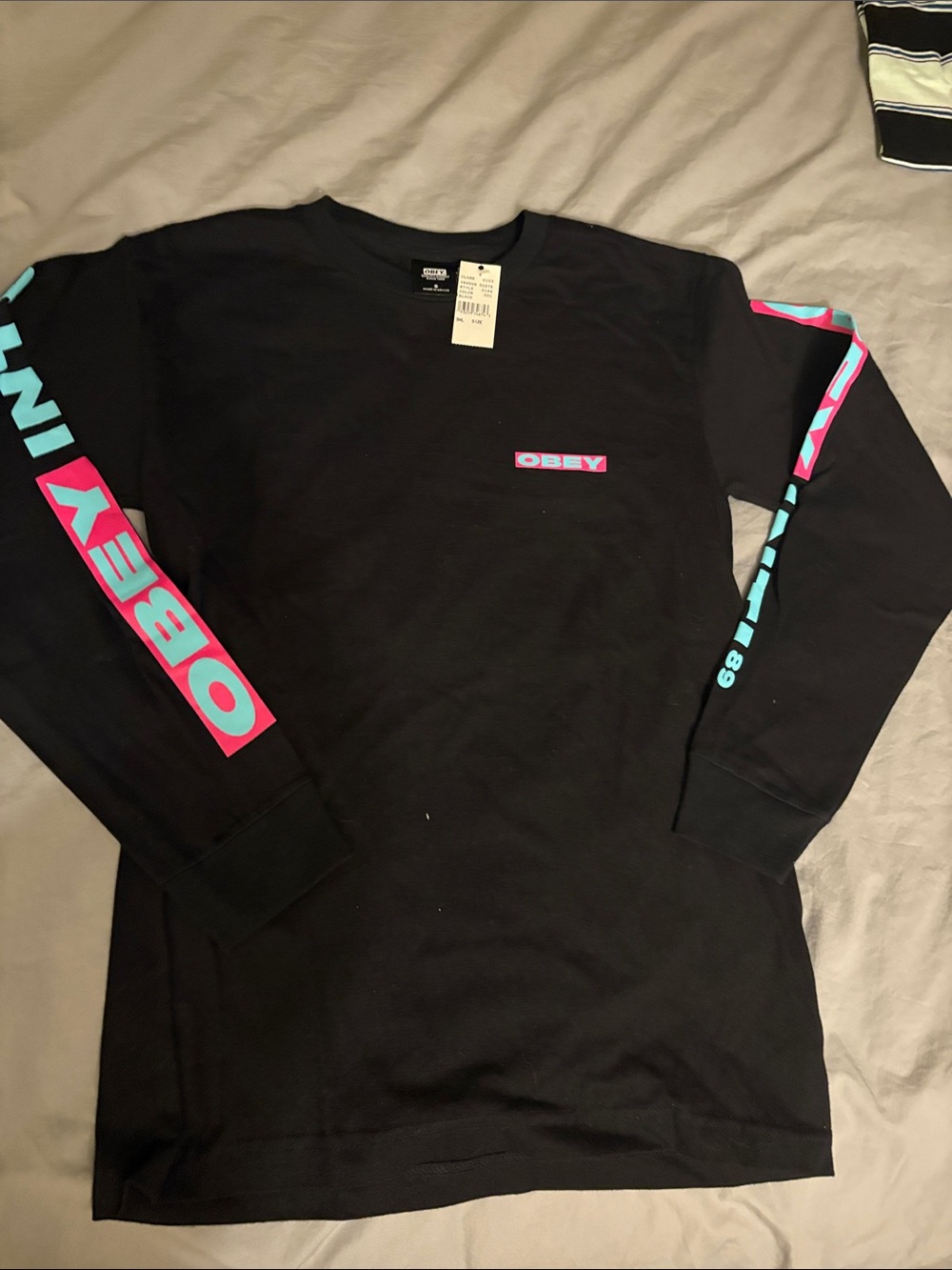 New Obey Black Long Sleeve Tee with Pink & Teal Sleeve Logos more in closet